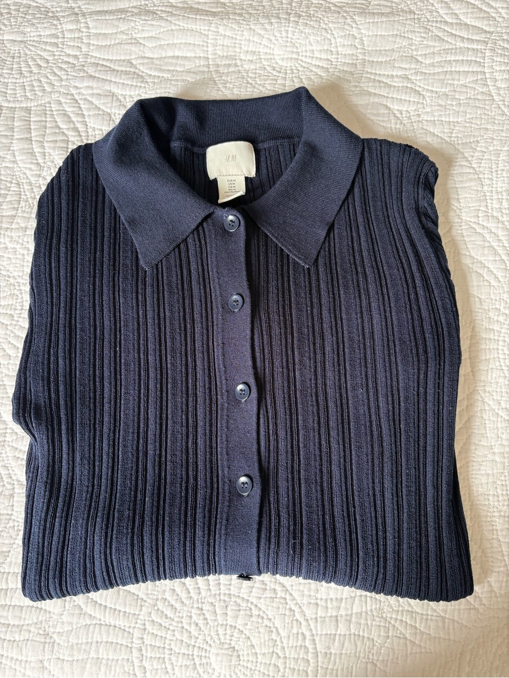 H&M Dark Navy Ribbed Button-Up Long Polo Cardigan
